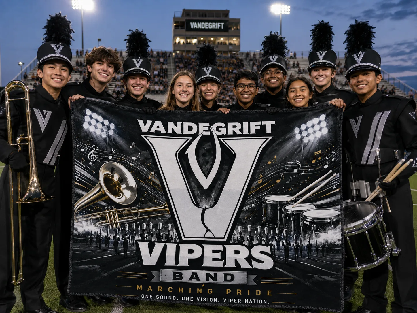 Marching band students holding a custom fundraiser blanket printed with the Vandegrift Vipers band design at the stadium