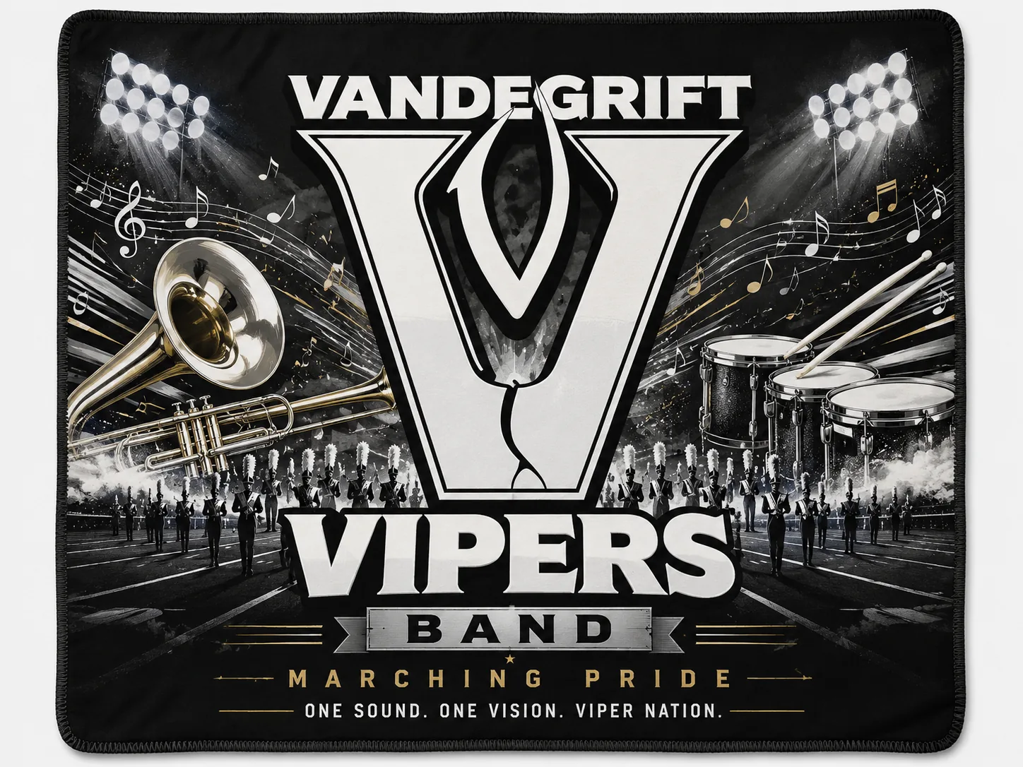 Custom Vandegrift Vipers marching band design with instruments and stadium lights for a custom fundraiser blanket