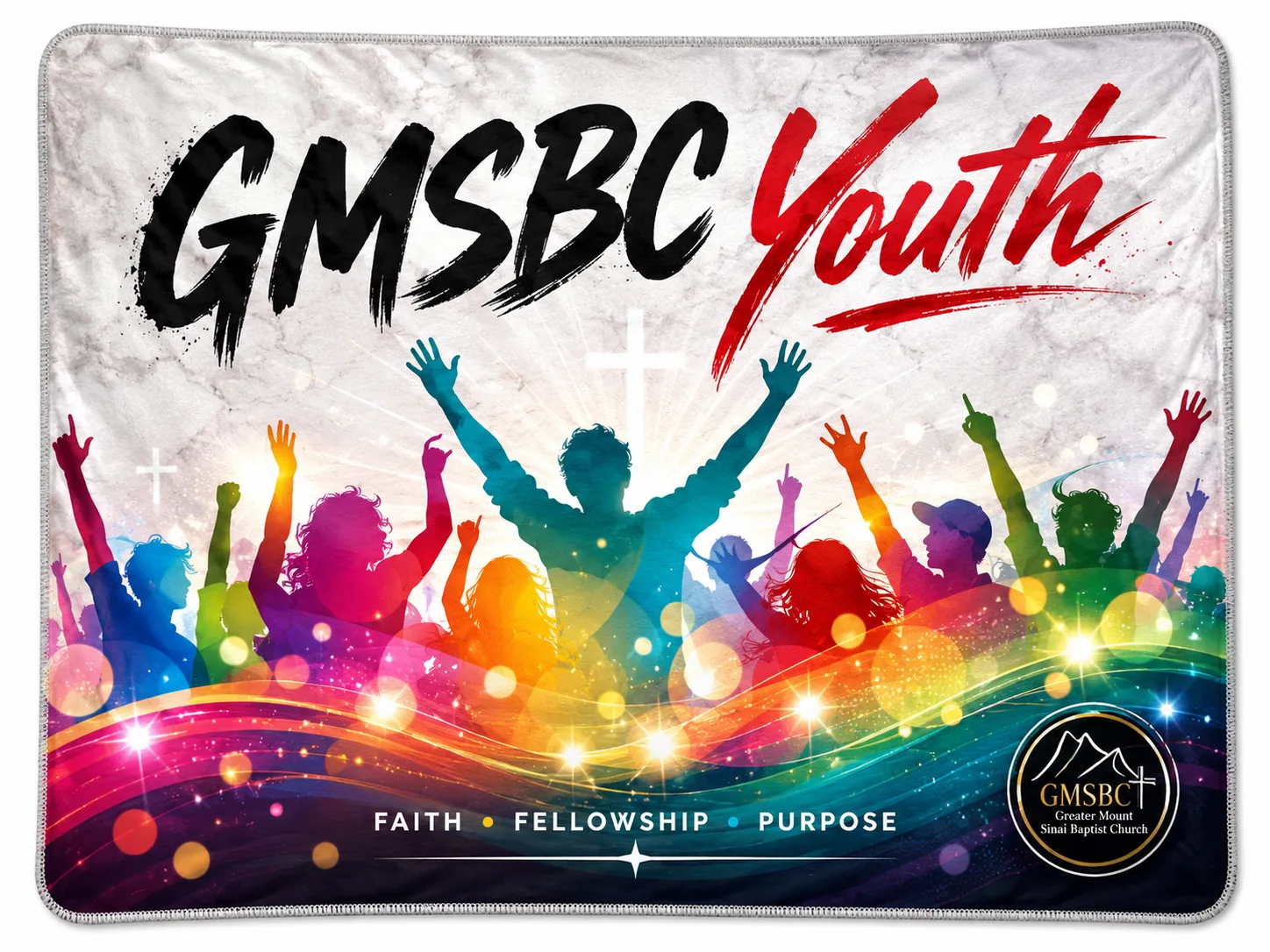 Custom GMSBC Youth church group design with silhouettes and cross for a custom fundraiser blanket