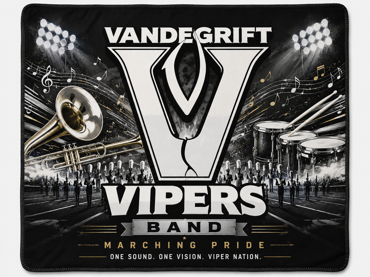 Custom Vandegrift Vipers marching band design with instruments and stadium lights for a custom fundraiser blanket