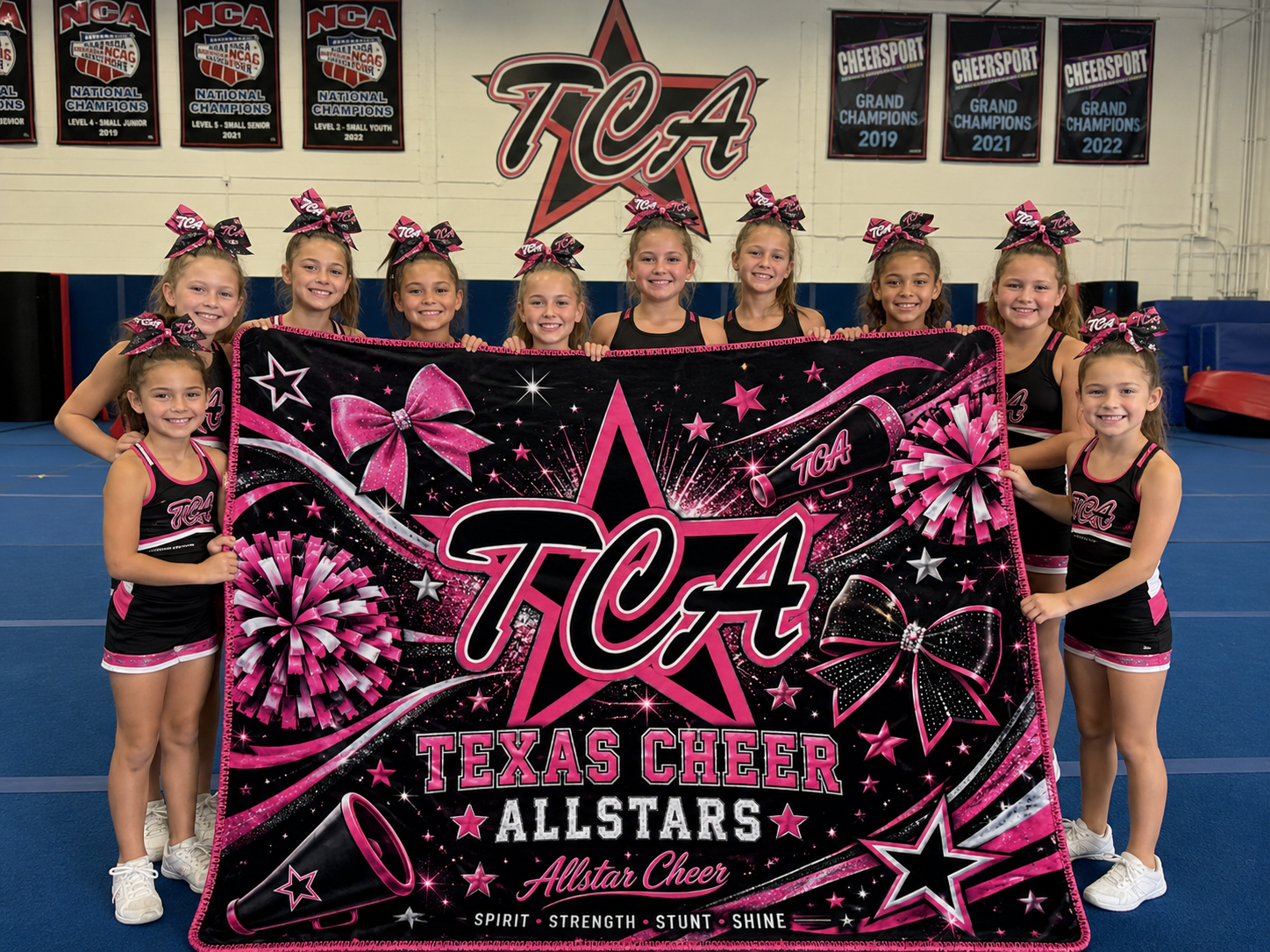 Cheer team holding a custom fundraiser blanket printed with the Texas Cheer Allstars logo in the gym