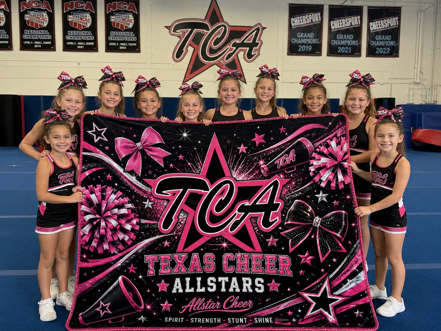 Cheer team holding a custom fundraiser blanket printed with the Texas Cheer Allstars logo in the gym