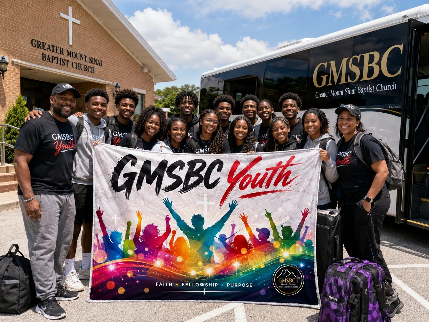 Church youth group holding a custom fundraiser blanket printed with the GMSBC Youth design outside the church