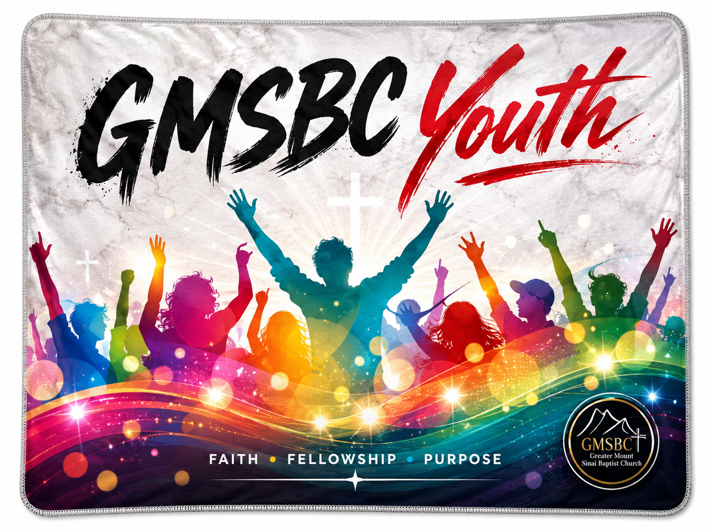 Custom GMSBC Youth church group design with silhouettes and cross for a custom fundraiser blanket