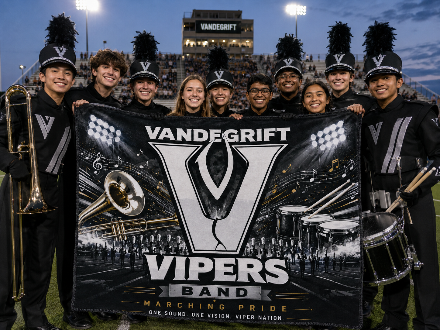 Marching band students holding a custom fundraiser blanket printed with the Vandegrift Vipers band design at the stadium