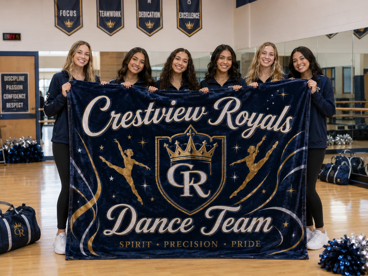 Crestview Royals dance team members holding a custom navy and gold Royals Dance Team spirit blanket in the studio