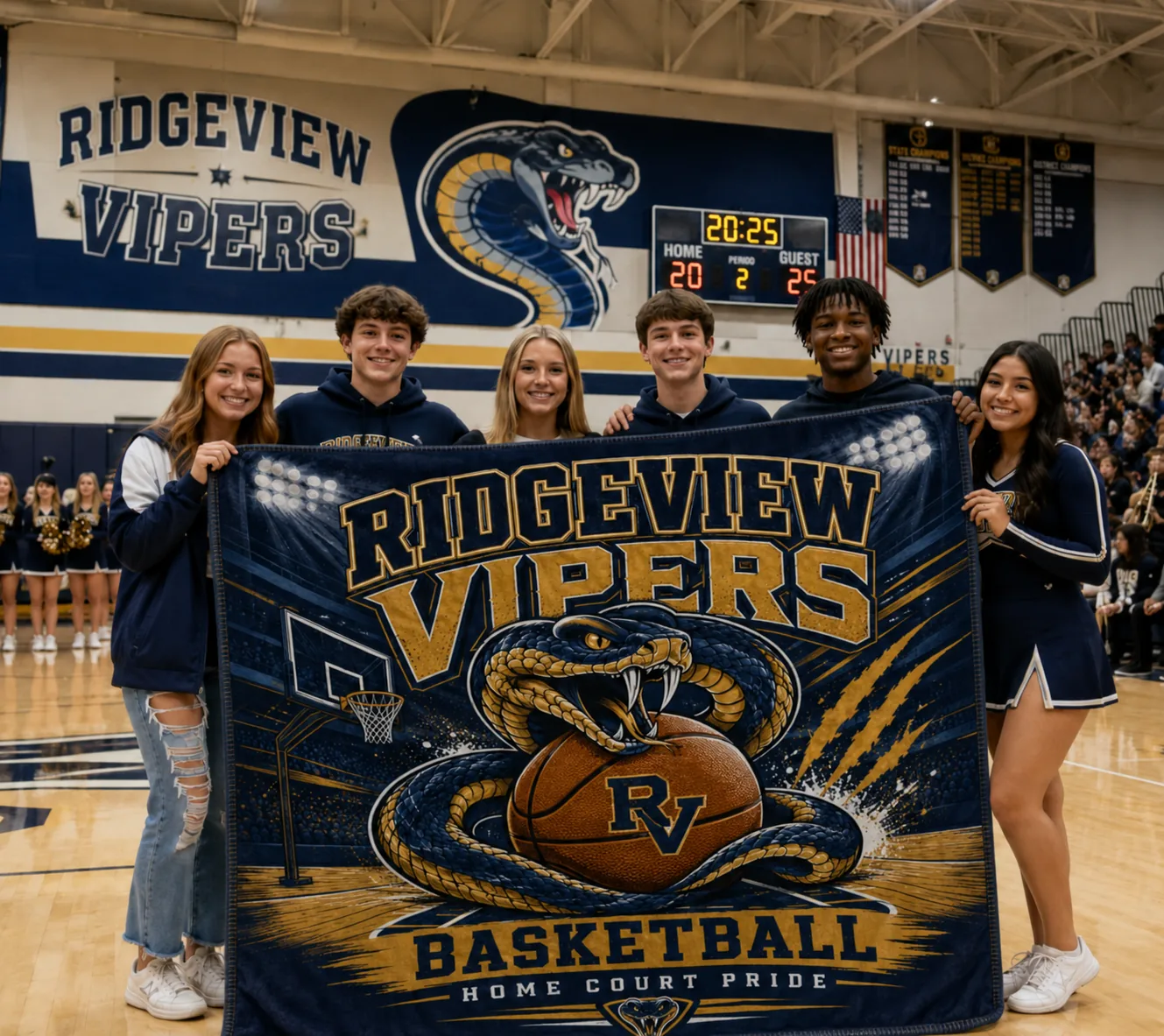 Ridgeview Vipers high school students holding a custom navy and gold Vipers basketball spirit blanket in the school gym