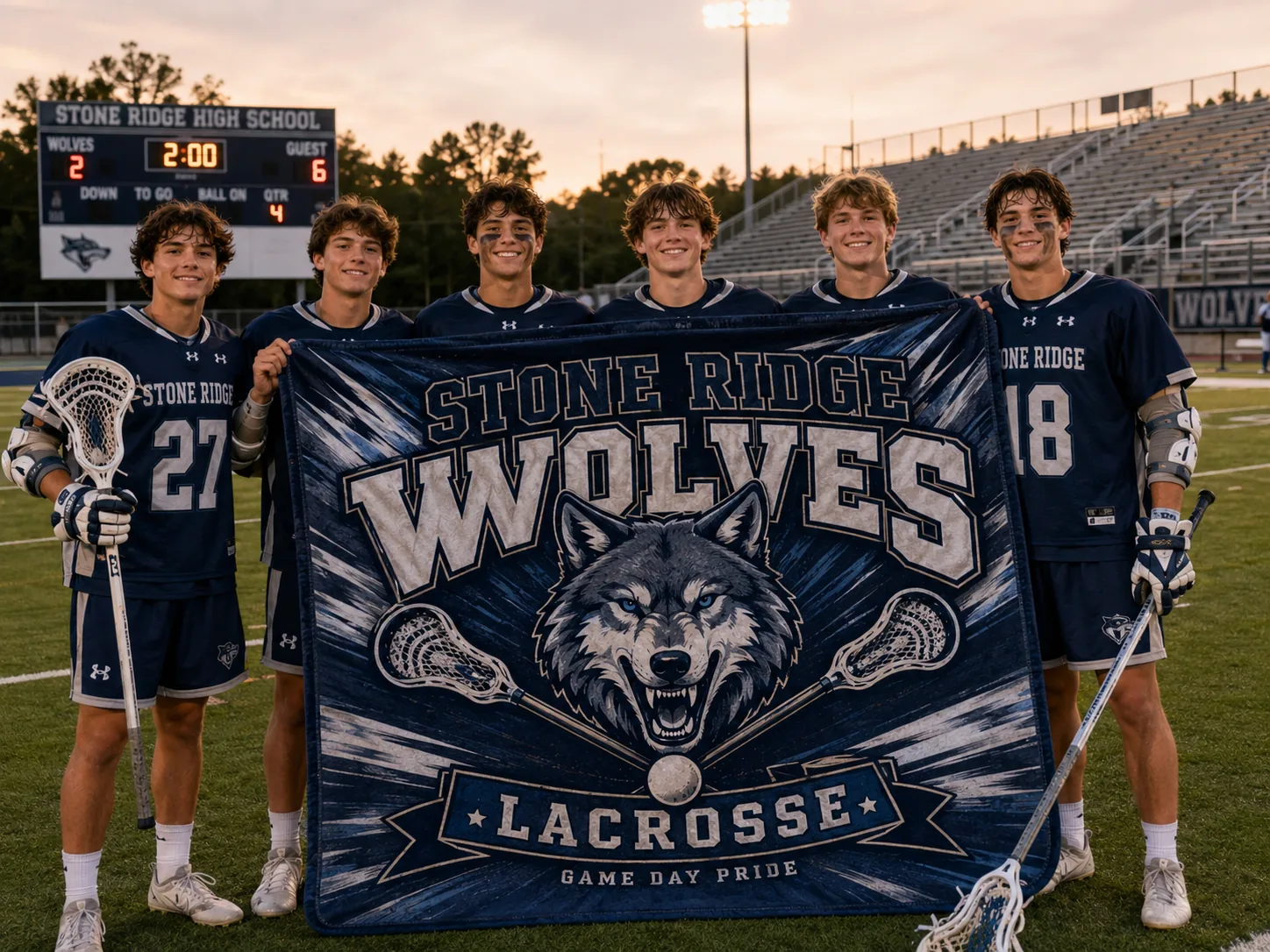 Stone Ridge Wolves high school lacrosse team holding a custom navy Wolves Lacrosse spirit blanket on the field at sunset