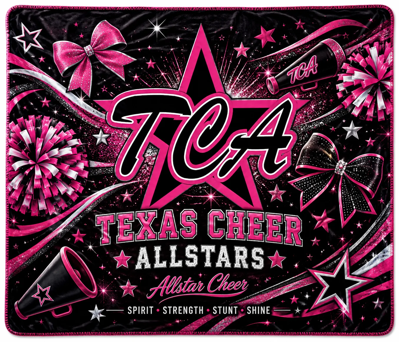 Custom Texas Cheer Allstars TCA design with pom-poms and megaphones for a custom fundraiser blanket