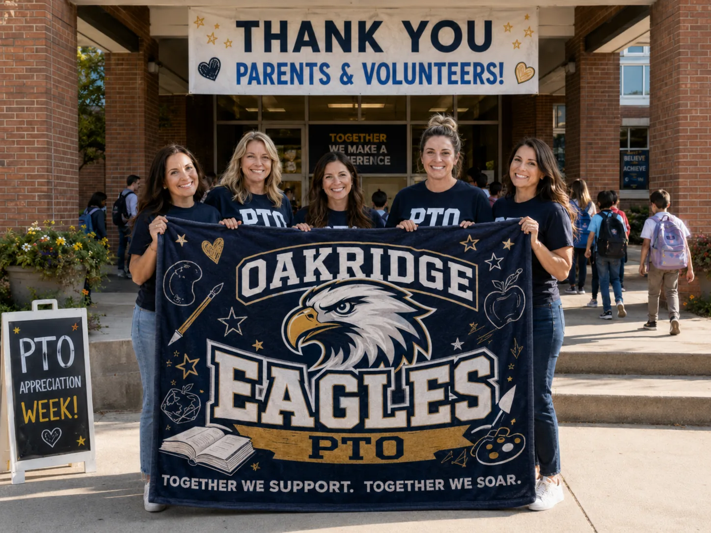 Oakridge Eagles PTO moms holding a custom navy and gold Eagles PTO spirit blanket in front of the school during PTO Appreciation Week