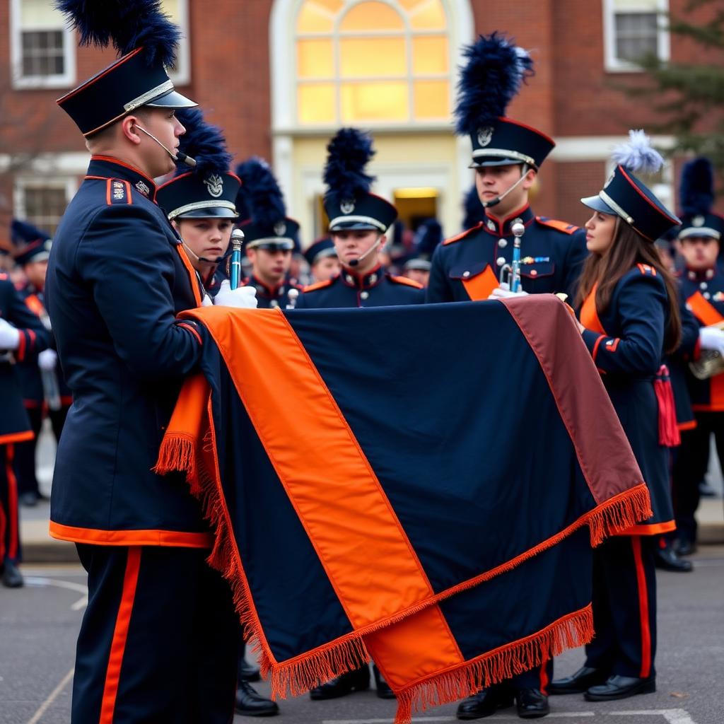 Marching band students in uniform with a custom navy and orange band blanket fundraiser