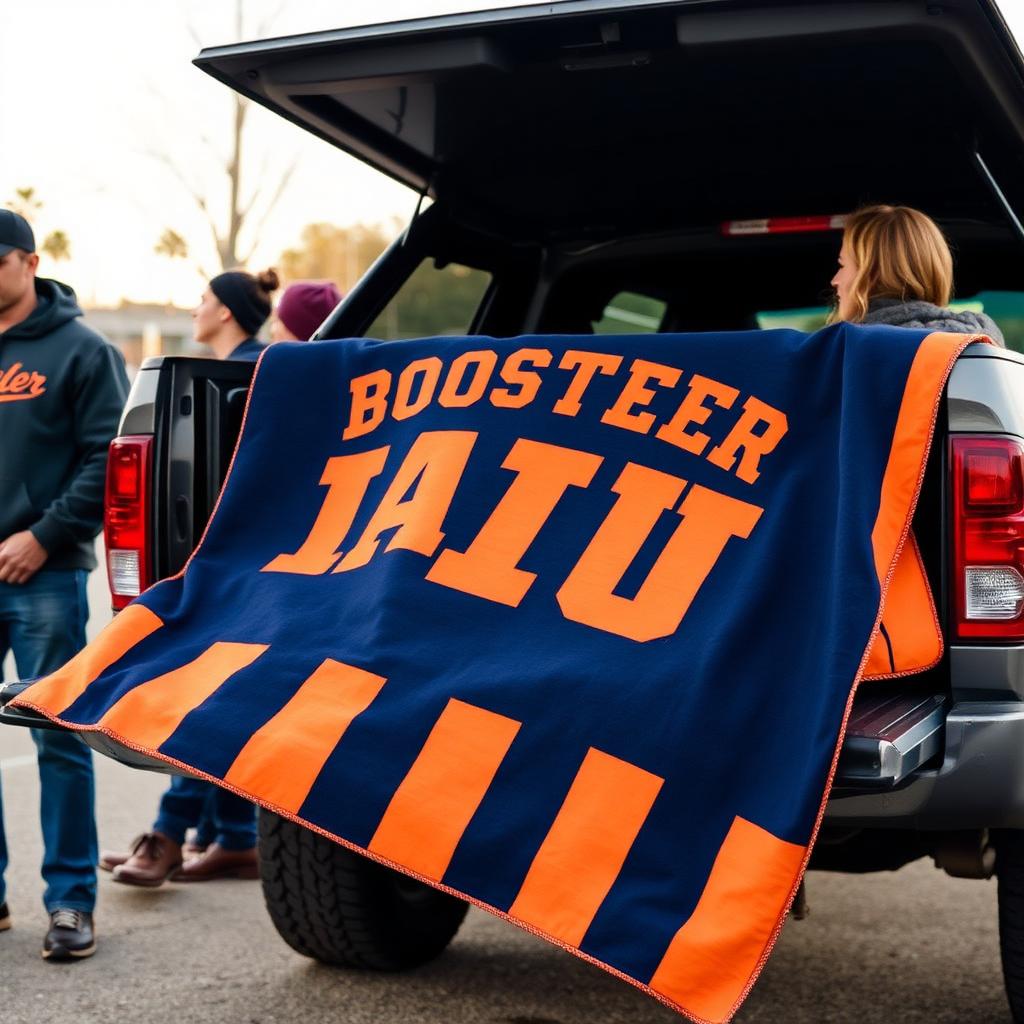 Athletic booster club members at a tailgate with a custom navy and orange team blanket fundraiser