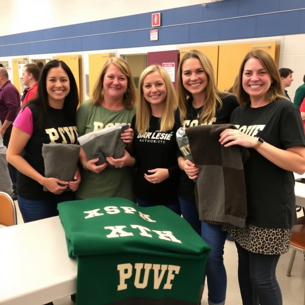 PTO and PTA parent volunteers holding folded custom spirit blankets at a school fundraiser event