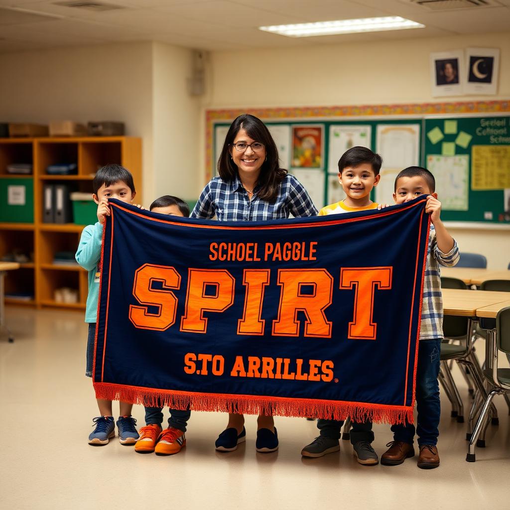 Teacher and elementary school students holding a custom school spirit blanket fundraiser