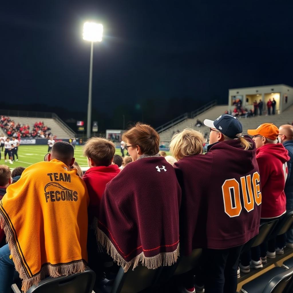 Youth sports team families wrapped in custom team blankets at a Friday-night football fundraiser