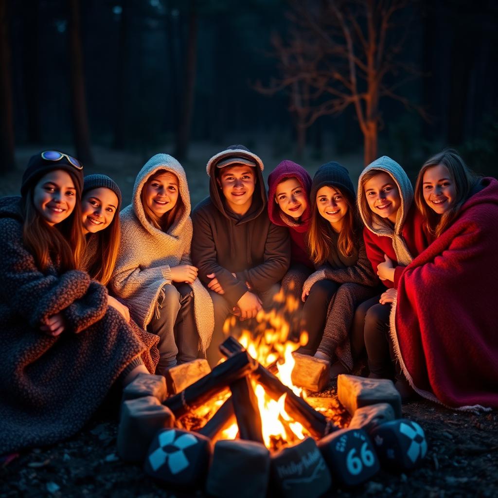 Church youth group teenagers wrapped in custom plush blankets around a campfire on a mission-trip fundraiser