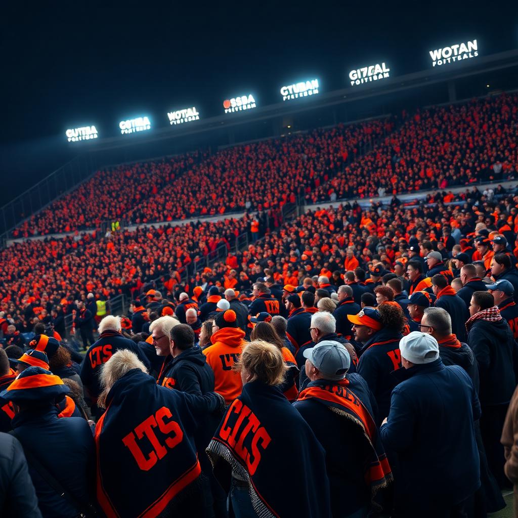 Packed stadium of fans wrapped in custom team spirit blankets on a fall Friday night